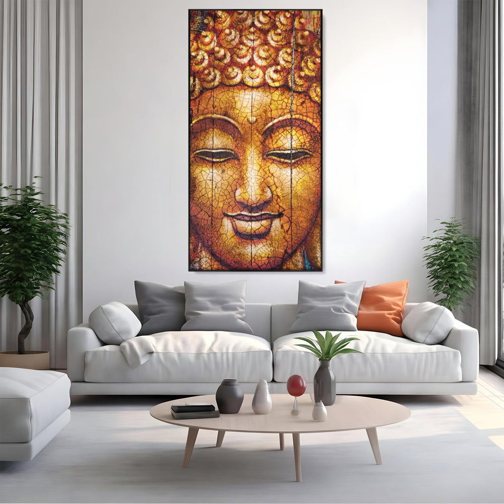 Tablou canvas cu tablou canvas cu chipul lui buddha, in rama de aluminiu negru, pe perete intr-un living